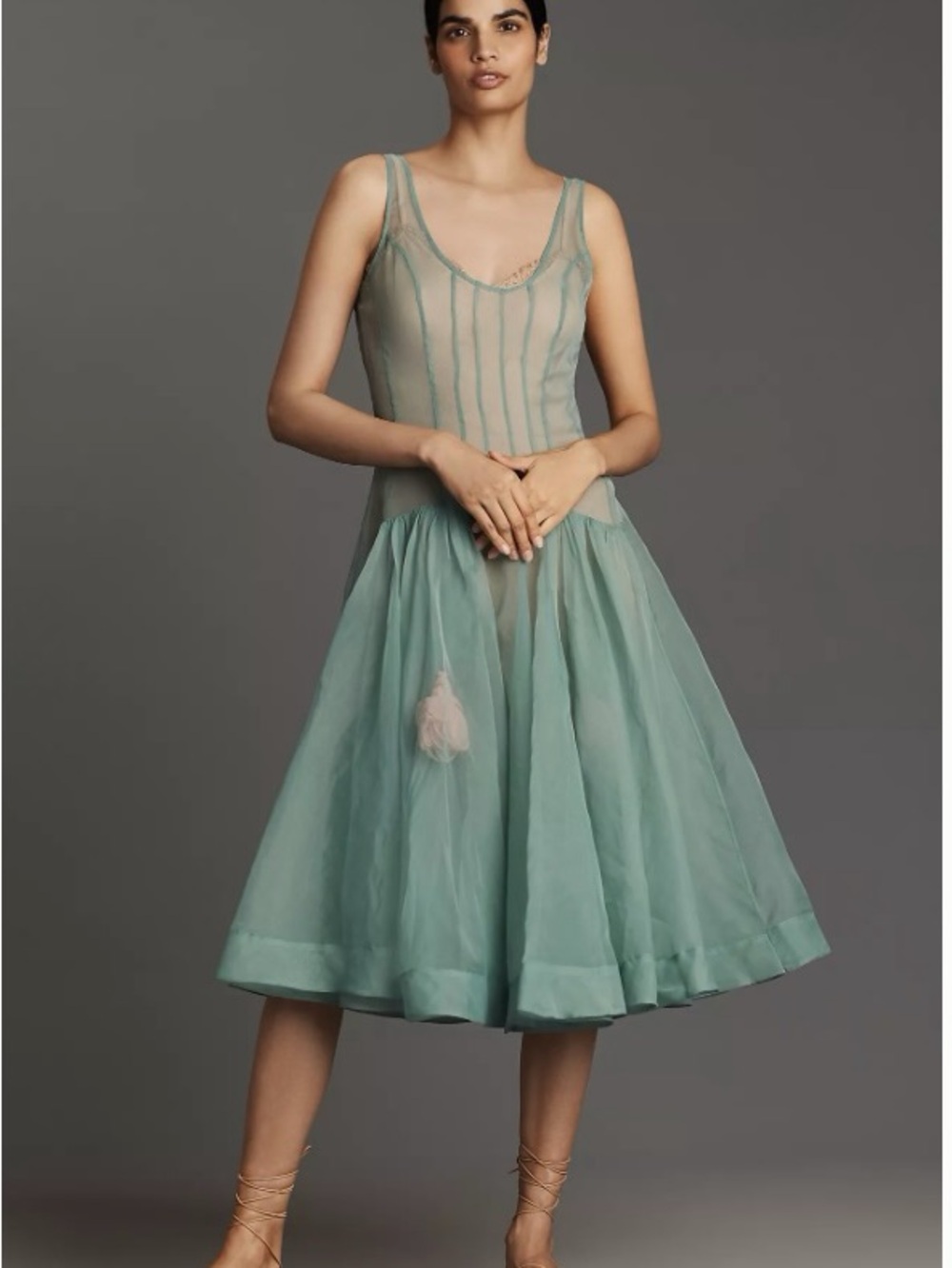 Anthropologie Let Me Be Sheer Sleeveless Teal Mint Tulle Basque Waist Midi Dress